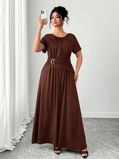 Elenzga Plus Size Women Elegant Casual Commuter Metal Buckle Waist Short Sleeve Round Neck Spring/Summer Dress