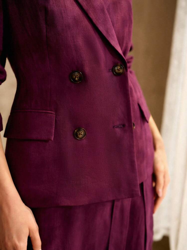 100% RAMIE DOUBLE BREASTED FITTED BLAZER, OLD MONEY VINTAGE STYLE, SPRING SUMMER, LINEN