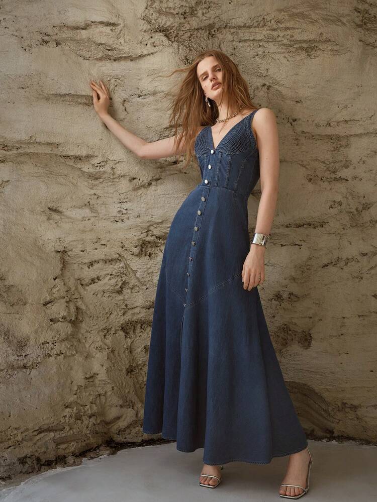 DENIM FOLD PLEATED BUST SLIP DRESS, SPRING/SUMMER