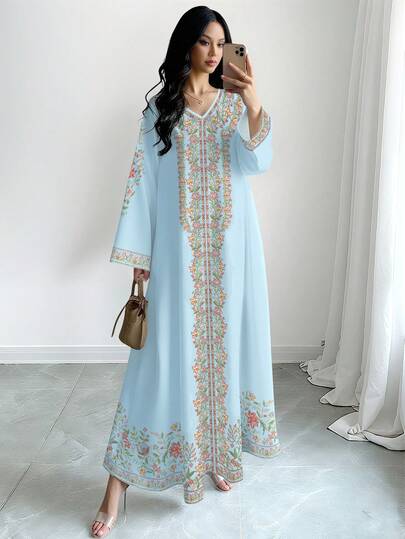 SHEIN Najma Women's Floral & Plant Digital Print Light Blue V-Neck Long Sleeve Elegant Arabic Style Maxi Dress, Spring/Autumn, Modest Dress Dresses For Women Long Sleeve, Turkish Dress Long Boho Dress Bohemian Dress For Women