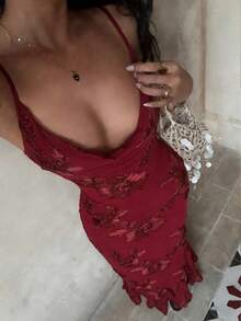 Sunnyshic Women's Light Yellow Champagne Plunging Neck Maxi Fitted Mermaid Dress, Luxury Embroidered Elegant For Wedding, Party, Vacation, Date, Autumn - Red - View 1