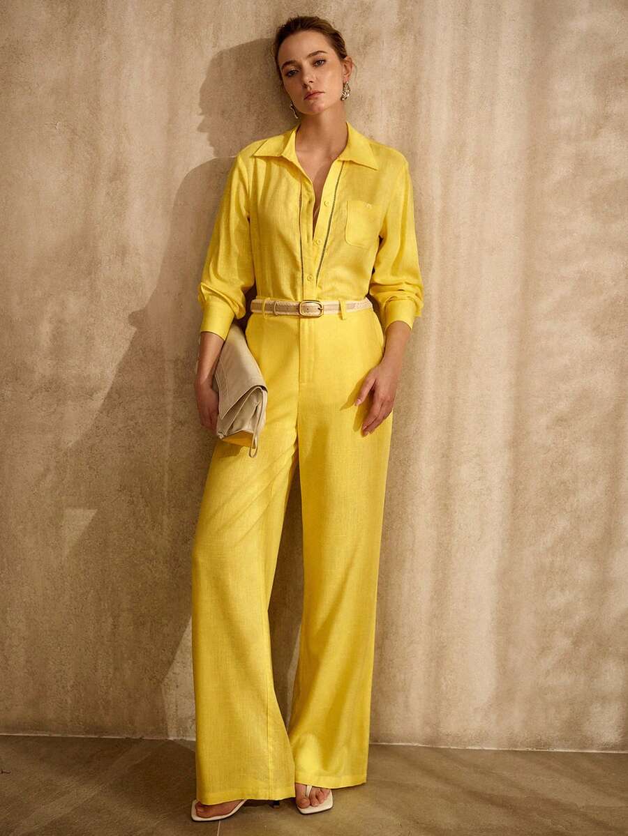 MOTF PREMIUM CAMISA Y PANTALONES DE BOLSILLO DE LINO PARA COMMUTER - Amarillo - Ver 1