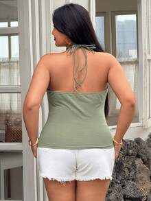 Calvaya Plus Size Women Solid Color Fitted Casual Beaded Camisole T-Shirt Halter Neck Top Cute Top Bead Decoration Top Women's Summer Top Tie Up Top - Olive Green - View 2