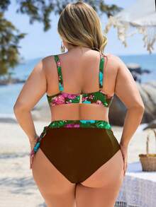 Swim Lushoire Bộ đồ bơi nữ cỡ lớn 2 mảnh in họa tiết cây nhiệt đới ngẫu nhiên, áo bất đối xứng có bèo nhún và quần tam giác cạp cao, thích hợp cho kỳ nghỉ và mặc hàng ngày. - màu nâu - Xem 2