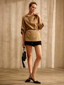 MOTF PREMIUM 100% COTTON 3/4 SLEEVE LOOSE BELTED SHIRT, VINTAGE STYLE - Khaki - View 5