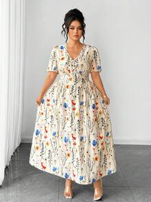 Elenzga 时尚休闲度假法式复古优雅浪漫花瓣袖系腰蝴蝶结印花连衣裙 - 杏色 - 查看 1