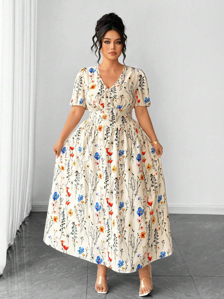 Elenzga 时尚休闲度假法式复古优雅浪漫花瓣袖系腰蝴蝶结印花连衣裙 - 杏色 - 查看 1