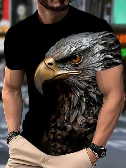 Manfinity Dauomo Men's Casual Eagle Printed T-Shirt| Golden Eagle Design, Short Sleeve, Round Neck, Regular Fit, Perfect For Summer Outdoor Activities, Everyday T-Shirt| T-Shirt With Striking Pattern| Comfortable Fit