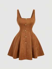 SHEIN MOD Plus Size Suede Retro Square Collar Dress, Collegiate Style, Suitable For Spring/Summer Office Commute.Plus Size Brown Suede Look Dress Sleeveless Design Gold Button Front Fit And Flare Shape Square Neckline Soft Texture Rich Caramel Color Flattering Waist Structured Bodice Flared Skirt Subtle Sheen Elegant Lines Comfortable Fit Timeless Style Artistic Silhouette Minimal Detailing Classic Charm Refined Appearance - Brown - View 5