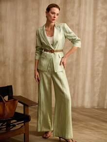 MOTF PREMIUM 亚麻混纺梭织腰带西装外套，复古风格，春夏款 - 薄荷綠 - 查看 6