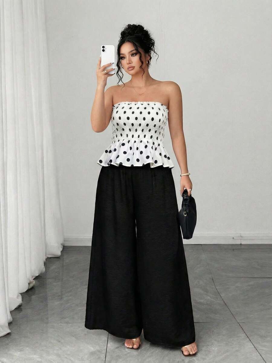 SHEIN LUNE Bộ đồ 2 mảnh cỡ lớn thanh lịch và thời trang gồm áo ống và quần ống đứng in họa tiết chấm bi, thích hợp cho mùa xuân/hè. - Đen và trắng - Xem 1