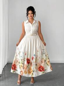 Elenzga Plus Size Women Elegant White Floral Print Ruffle Collar Party Dress,Summer Vacation Holiday Sundress,Garden Bachelorette Party Spring Dress - Multicolor - View 4