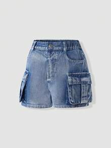 Tween Big Girls Light Blue Summer Casual Vacation Cargo Denim Shorts,High Waist Multi Pocket Loose Versatile Street Style Thin Hot Pants Jean Shorts - Light Wash - View 4