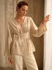 MOTF PREMIUM ELEGANT HIGH-END DESIGN ADJUSTABLE BUCKLE CINCHED WAIST V-NECK LONG SLEEVE LINEN BLOUSE - Apricot - View 7