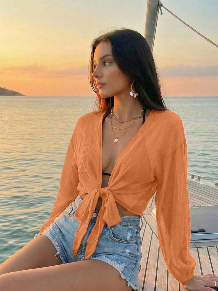 Swim Vcay Minimalist, Düz Renk, Bağlamalı Kısa Kimono Plaj Örtüsü, Plaj Tatili İçin Uygun - Turuncu - Görünüm 2