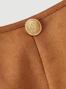 SHEIN MOD Plus Size Suede Retro Square Collar Dress, Collegiate Style, Suitable For Spring/Summer Office Commute.Plus Size Brown Suede Look Dress Sleeveless Design Gold Button Front Fit And Flare Shape Square Neckline Soft Texture Rich Caramel Color Flattering Waist Structured Bodice Flared Skirt Subtle Sheen Elegant Lines Comfortable Fit Timeless Style Artistic Silhouette Minimal Detailing Classic Charm Refined Appearance - Brown - View 3