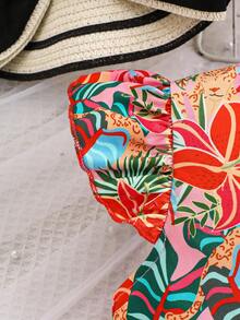 2026夏季新款时尚柔软蓬蓬裙,热带印花荷叶边圆领泡泡袖连衣裙,舒适户外活动连衣裙,适合年轻女孩,多种颜色可选 - 彩色 - 查看 6