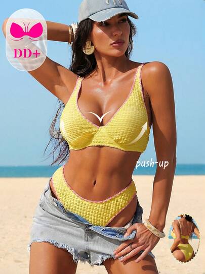 Swim DD+ Conjunto de bikini con textura, copa DD+ y diseño de zigzag en contraste de color, sexy y con efecto push-up, para primavera/verano