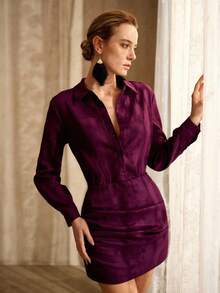 MOTF PREMIUM 100% 亚麻两件套：女士长袖衬衫和迷你裙，春夏款 - 紫色 - 查看 7