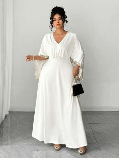 Elenzga Plus Size Elegant Gold Lace Trim Dress