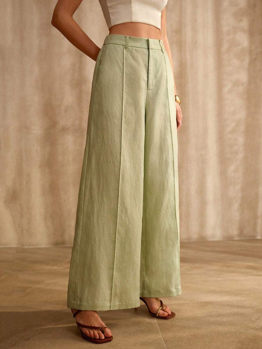 MOTF PREMIUM LINEN BLEND WIDE LEG PANTS WITH SEAM FRONT, VINTAGE STYLE, SPRING/SUMMER - Mint Green - View 2