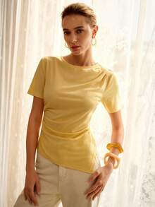 MOTF PREMIUM COTTON ASYMMETRIC HEM RUCHED BOAT NECK SHORT SLEEVE T-SHIRT, SPRING/SUMMER - Light Yellow - View 6