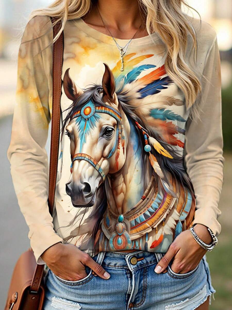 EMERY ROSE Women's Horse Print Illustration Long Sleeve T-Shirt - Multicolor - View 1