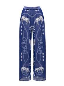 Swim Oasis 女士性感聚拢钢圈比基尼套装，交叉肩带印花设计 + 配套薄纱沙滩裤，春夏款 - 藏蓝色 - 查看 5