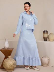 Graceveil Bộ đồ 2 mảnh thanh lịch dành cho nữ: áo và chân váy midi họa tiết hoa 3D đính ngọc trai giả, sọc, phối nhiều mảnh. - Xanh và trắng - Xem 4