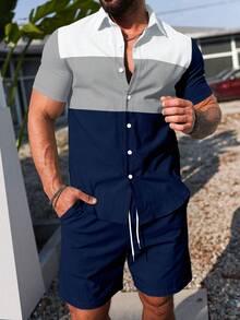 Manfinity CasualCool 男士休闲撞色纽扣短袖衬衫和短裤套装 - 彩色 - 查看 3