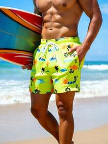 Manfinity Swimmode 男士抽绳腰带口袋椰树印花休闲度假沙滩短裤 - 綠色 - 查看 6