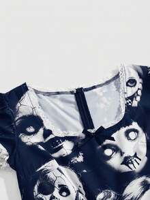 ROMWE Goth Vestido corto con estampado de muñeca de bruja oscura gótica con aplicaciones de encaje para mujeres - Azul Marino - Ver 4