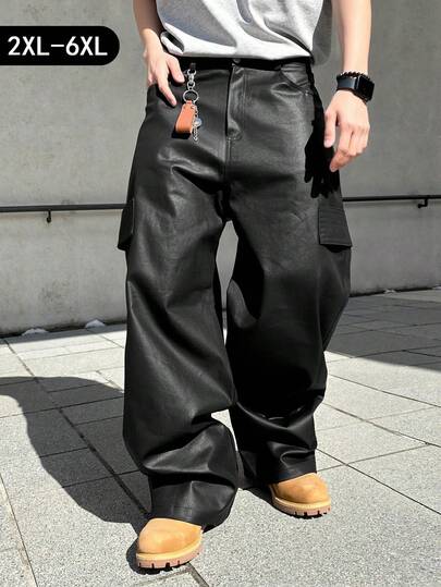 Manfinity EMRG Manfinity 大码男士黑色 PU 皮革宽松直筒工装裤，时尚百搭，送给男友的绝佳礼物。男士宽松裤，男士阔腿裤，宽松工装牛仔裤，黑色宽松牛仔裤，男士宽松阔腿裤