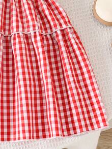 SHEIN 少女休闲可爱清新田园风蝴蝶结荷叶边格子吊带连衣裙 - 紅色 - 查看 6
