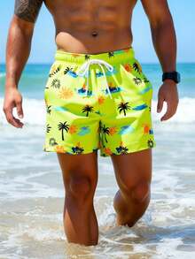 Manfinity Swimmode 男士抽绳腰带口袋椰树印花休闲度假沙滩短裤 - 綠色 - 查看 7