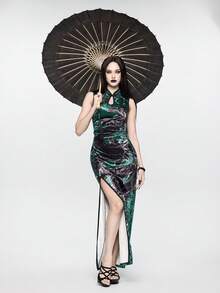 ROMWE Goth Đầm dài kiểu Trung Quốc mới, họa tiết rắn và bướm, chất liệu nhung, dành cho nữ. - Màu xanh lá cây đậm - Xem 8