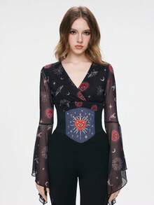 ROMWE Goth 一件式女士剑形爱心星星月亮刺绣图案装饰深色系弹力腰带束腰连衣裙牛仔裤配饰日常百搭 - 牛仔藍寶劍愛心腰封 - 查看 4