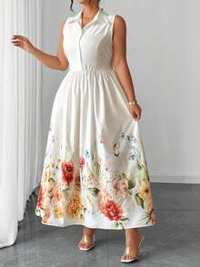 Elenzga Plus Size Women Elegant White Floral Print Ruffle Collar Party Dress,Summer Vacation Holiday Sundress,Garden Bachelorette Party Spring Dress - Multicolor - View 7