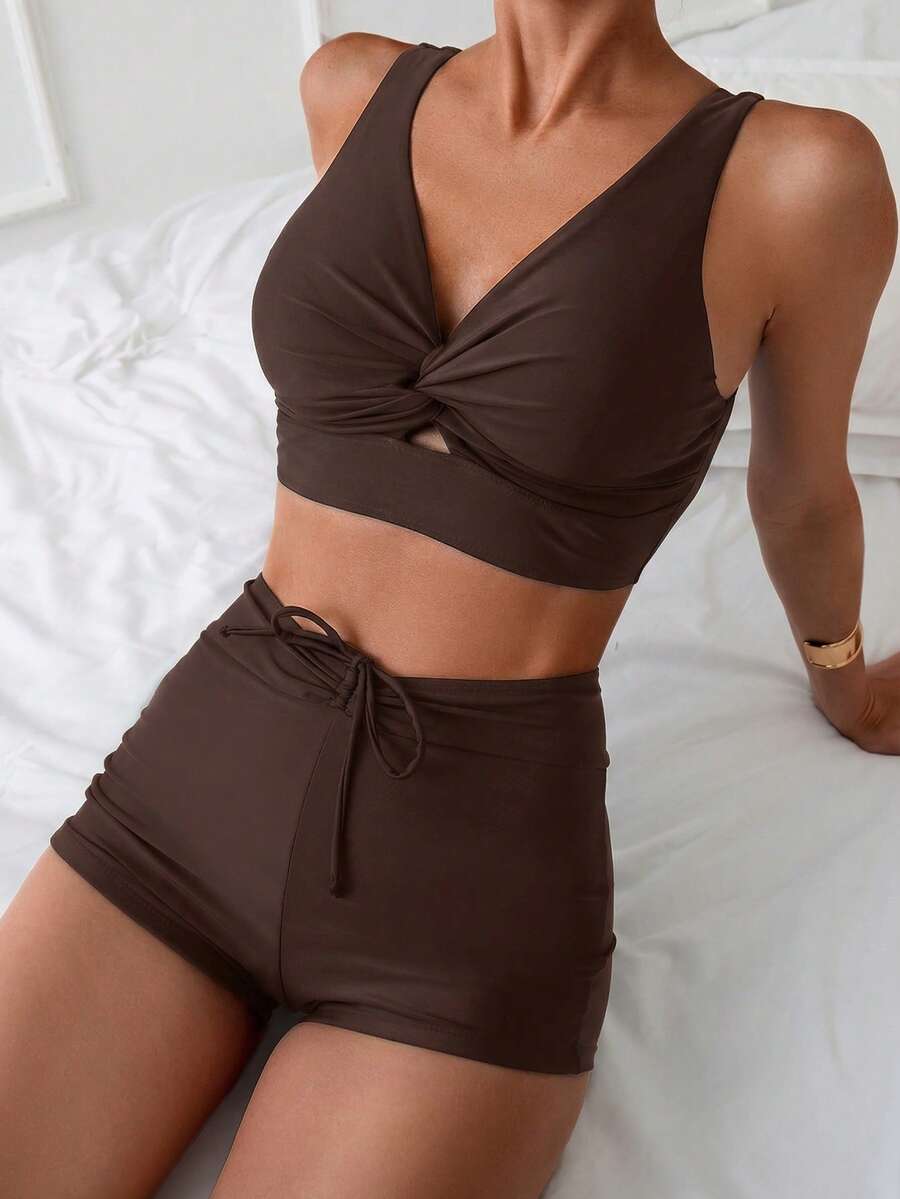 Swim Vcay Women's Solid Color Minimalist Daily Swimwear Set - Coffee Brown - View 1