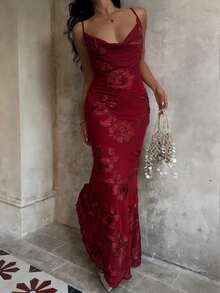 Sunnyshic Women's Light Yellow Champagne Plunging Neck Maxi Fitted Mermaid Dress, Luxury Embroidered Elegant For Wedding, Party, Vacation, Date, Autumn - Red - View 4