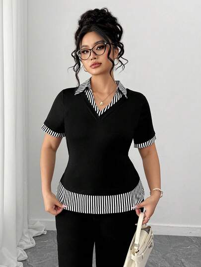 Elenzga Plus Size Striped Print Waist Cinched Casual Short Sleeve Shirt, Summer