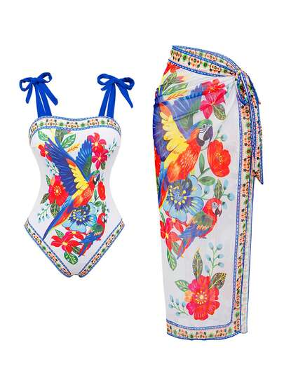 Swim Oasis Women's Sexy Knotted Strap Printed One-Piece Swimsuit + Matching Printed Mesh Skirt, Spring/Summer