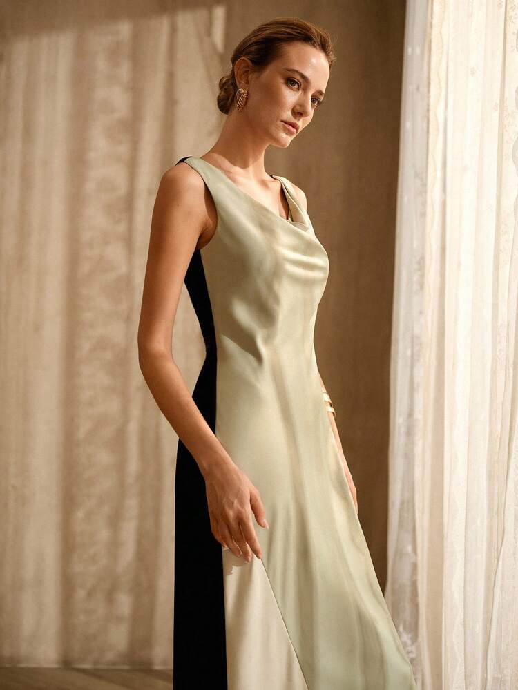 SLEEVELESS CONTRAST COLOR COWL NECK MAXI SATIN DRESS, SPRING/SUMMER