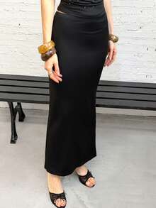 FavEase Women's Casual Commuter Knit Elastic Waist Slit Skirt, Slimming Fit, Solid Black, Minimalist Fashion, Spring/Summer New - Black - View 6