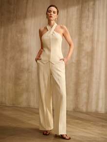 MOTF PREMIUM 2 PIEZAS CONJUNTO DE MUJER: TOP HALTER SIN ESPALDA + PANTALONES RECTOS SLIM, ESTILO RETRO - Albaricoque - Ver 5