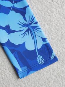 Swim Mulvari 新款夏季女士圆领长袖收腰纯色拼接蓝色花卉印花连衣裙和裤子休闲度假比基尼套装 - 藍色 - 查看 9