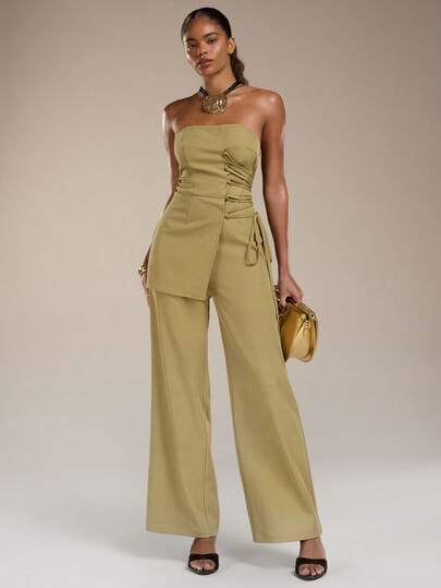 Normani Damen einfarbiger Bandeau-Design Jumpsuit für den Alltag