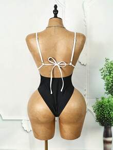 Swim SXY 优雅黑色深V连体泳衣，性感金属扣设计，显瘦塑形，适合度假和水疗 - 黑色 - 查看 11