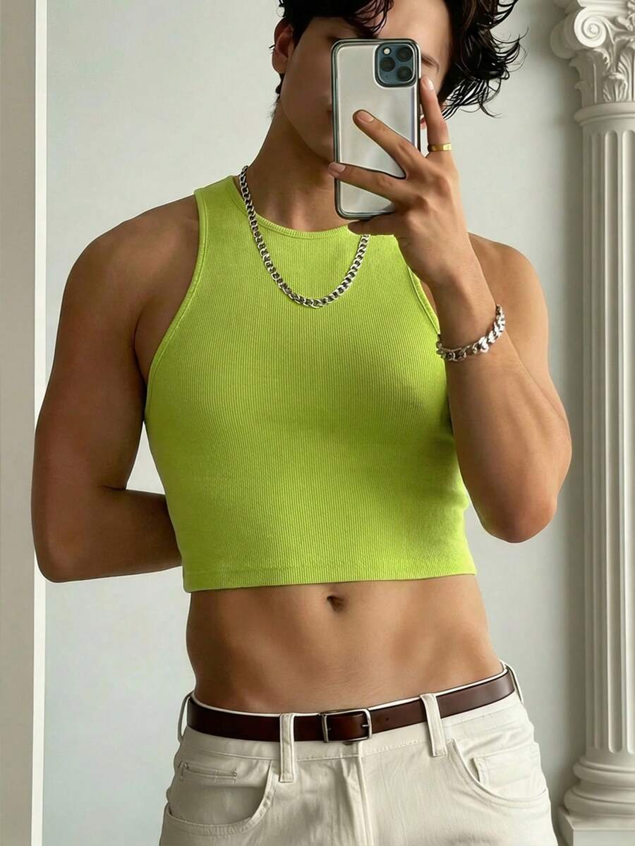 Manfinity Dauomo Men's Casual Neon Green Round Neck Cropped Slim Fit Tank Top - Green - View 1