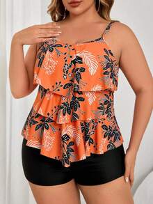 Swim Lushoire 加大码两件套，加大码圆领荷叶边橙色花卉印花拼接黑色短裤女式背心泳衣 - 彩色 - 查看 4